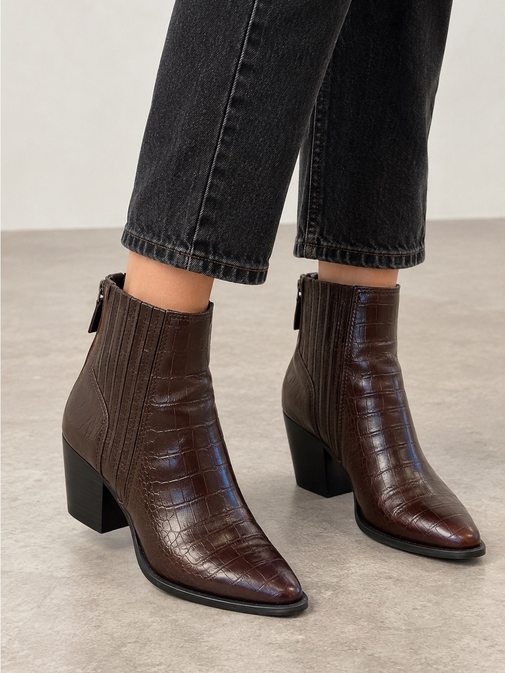 Zara Brown Croc-Embossed Pointed Toe Chelsea Western Ankle Boots